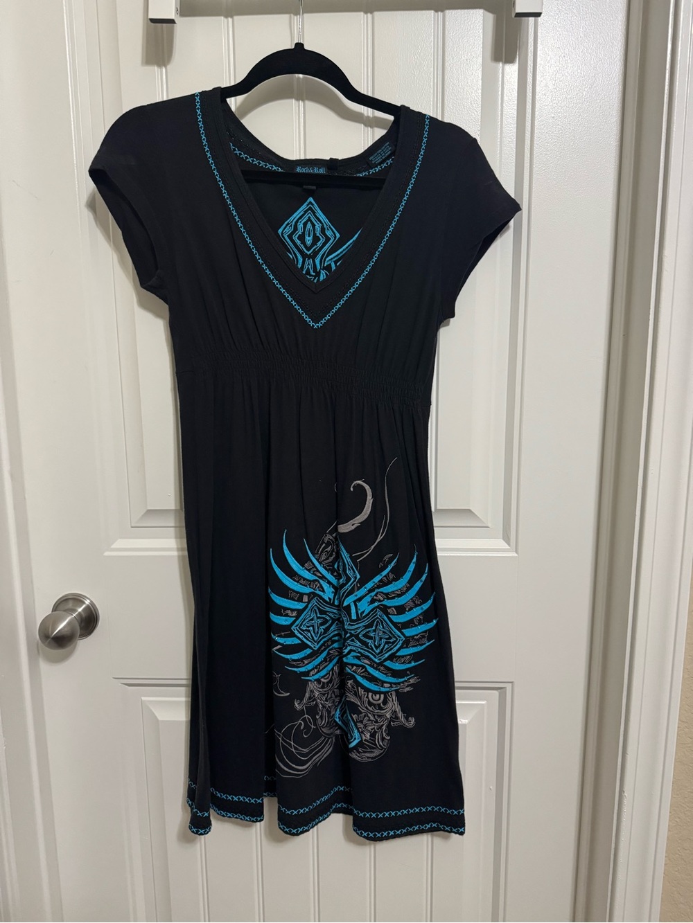 Rock & Roll Cowgirl Black Dress with Turquoise Graphic V-Neck Detail